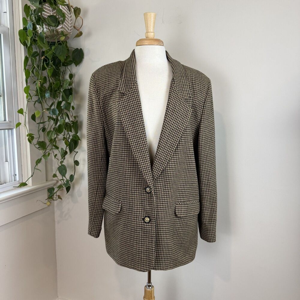 Vintage 90s Plus Size Houndstooth Wool Blend Blazer | Academia Preppy, Old Money